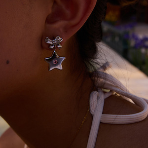 Star <b>Bow</b> Drop Earrings Stainless Steel Pink Rhinestone <b>Gift</b> Jewelry - Product Image 4