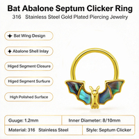 Anneau segmenté articulé en acier inoxydable 316, 1.2*8/10mm, doré, avec coquille d'ormeau, pour piercing septum et nez (clicker)