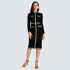 ZYHT Boutique Kleidung Französisch Vintage Kleid Strickkleid Schwarz Bodycon Elegante Freizeit kleider