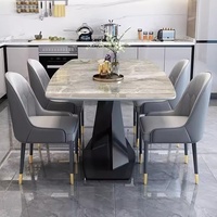 Ensemble de table à manger contemporaine avec 6 chaises, surface en marbre, base en X noire, chaises bicolores, salle à manger, maison familiale
