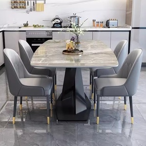 Ensemble <span class=keywords><strong>de</strong></span> table à manger contemporaine avec <span class=keywords><strong>6</strong></span> <span class=keywords><strong>chaises</strong></span>, surface en marbre, base en X noire, <span class=keywords><strong>chaises</strong></span> bicolores, salle à manger, maison familiale - Product Image 4