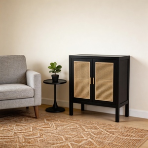 Luxury Black ASH Wooden Frame <b>Sideboard</b> Cabinet Rattan Doors Traditional Design for Living Room/Bedroom Home Hotel Furniture - Product Image 5