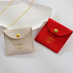 Custom Microfiber Jewelry Pouch with Small <b>Envelope</b> Flap and Metal Button Embossed Suede Logo Jewelry Container - Product Image 1