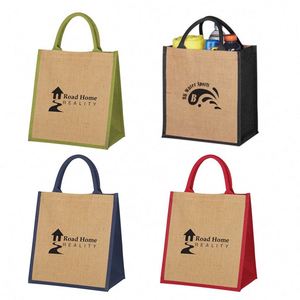 Customized Logo Eco Friendly Advertising Gift Jute <b>Burlap</b> Tote Shopping Bag with Color Stitching - Product Image 6