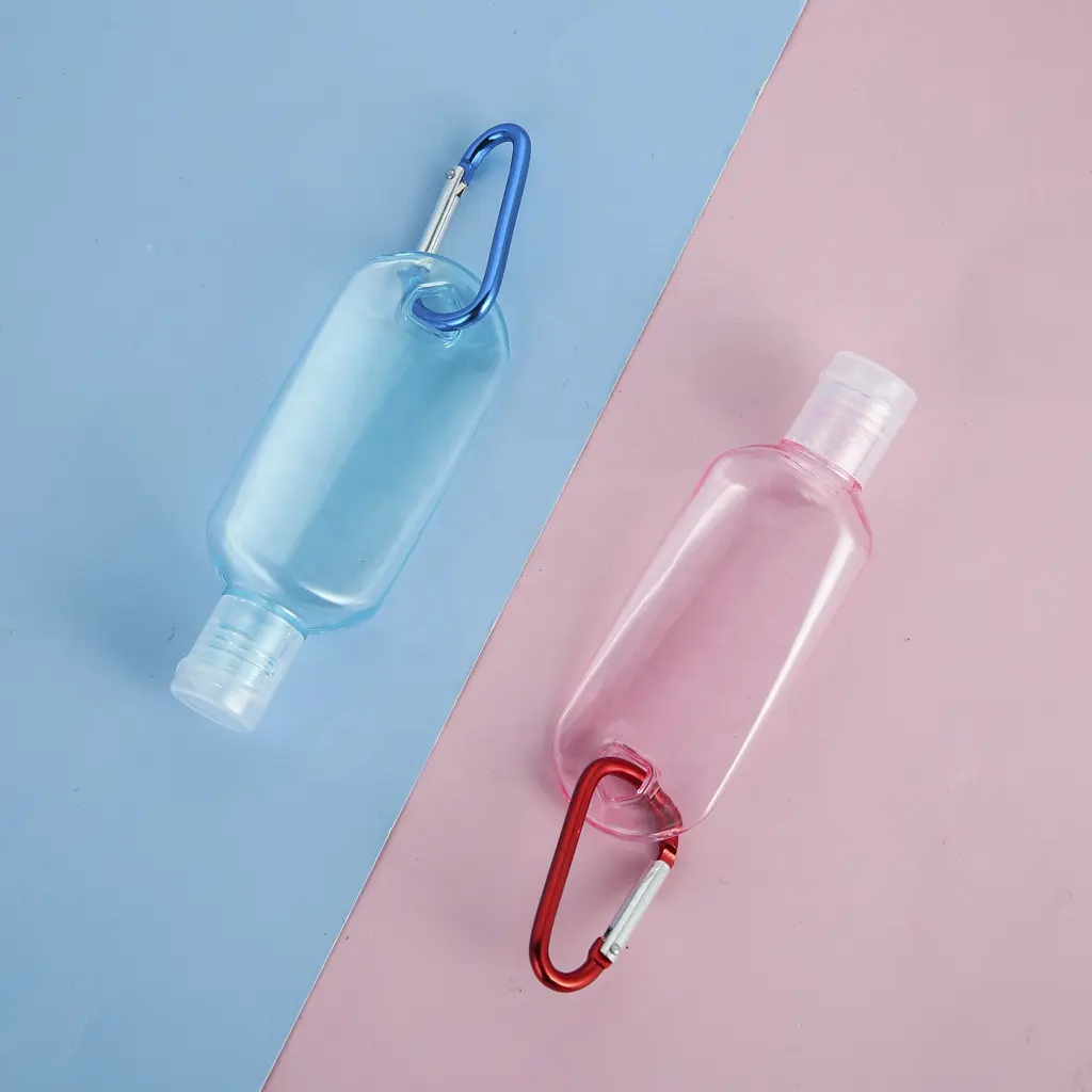 custom color 30ml 1oz plastic PETG hanging hand sanitizer spray bottle with carabiner keyring clip