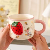 Mug en céramique mignon avec motif de fraises en relief, ours et lapin, avec poignée - Protection de l'environnement, compatible micro-ondes, pour un usage domestique