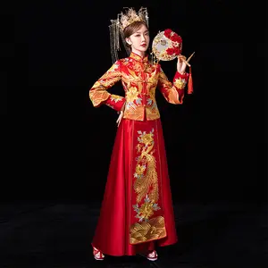 Gaun pernikahan Tiongkok Retro, Cheongsam tradisional bordir, merah Vintage Formal Qipao gaya Oriental wanita ukuran Plus