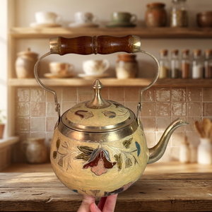 Vintage Brass <b>Kettle</b> With Wooden Handle Floral Enamel Design Water Pot With Lid - Product Image 2