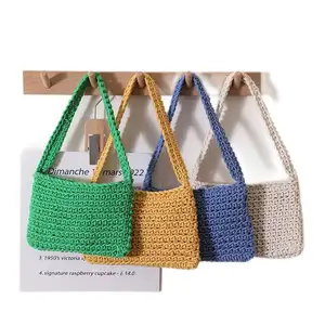 Bolsas de ombro femininas de malha de crochê com cordão de macramê, bolsas pequenas femininas de tecido artesanal Dacron