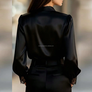 Chemisier élégant en satin avec patchwork <span class=keywords><strong>de</strong></span> dentelle pour femme, manches longues, col en V, chemise en soie, haut <span class=keywords><strong>de</strong></span> bureau, sur mesure, grandes tailles, OEM ODM - Product Image 5