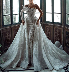 Illusion perlée <span class=keywords><strong>de</strong></span> luxe à manches longues train détachable robes <span class=keywords><strong>de</strong></span> mariée pour femmes africaines une épaule robes <span class=keywords><strong>de</strong></span> mariée <span class=keywords><strong>de</strong></span> mariée - Product Image 3