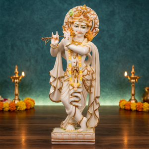 Statue artisanale en résine du Dieu Krishna avec flûte, figurine religieuse traditionnelle pour décoration de table, idéale pour l'inauguration de maison ou Diwali - Product Image 4