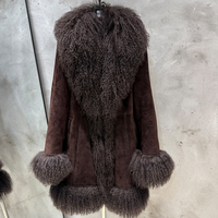 Mantel Bulu Domba Hijau Tua Musim Dingin Wanita Mantel Kulit Suede Asli Jaket Bulu Mongolia