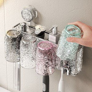 Suction Cup <b>Toothbrush</b> <b>Holder</b> <b>Wall</b> <b>Mounted</b> Transparent 4 Cup With Toothpaste Storage Bathroom Organizer No Drill Required - Product Image 2