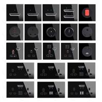 Interruptor basculante momentáneo LED de panel de vidrio negro tipo 86, 10A, serie completa, para comercio exterior, con tomas de pared IP20 y puertos USB A/C