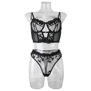 Nuevo bordado empalme malla acero <span class=keywords><strong>aro</strong></span> reunión perspectiva Sexy trasero expuesto sexo ropa interior <span class=keywords><strong>conjunto</strong></span> - Product Image 4