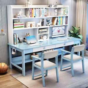 Children's Solid Wood Double <b>Desk</b> With Bookshelf Integrated Study <b>Desk</b> Chair Set Minimalist Design <b>For</b> Home Learning - Product Image 3