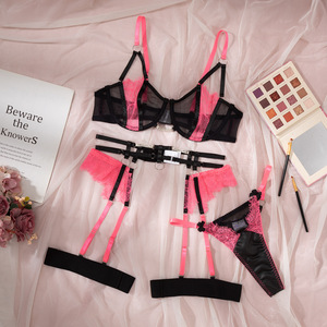 Trendy <b>Black</b> Lace Sexy Underwear Mesh Embroidery Splicing Perspective Slim Fit Gathering Sexy Underwear Four Piece Set for Women - Product Image 6