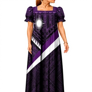 Vestido Mumu Micronésico Personalizado, Estampado Tribal Polinesio Tapa, Hombros Descubiertos, Mangas Abullonadas, Vestido Maxi, Moda Isleña OEM - Product Image 5