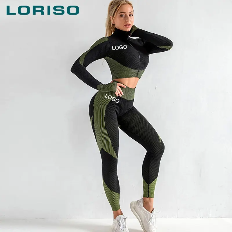 Conjunto de jaqueta e legging feminino, conjunto feminino de roupa de academia sem costura com 2 peças plus size yoga 3xl