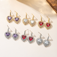 Boucles d'oreilles pendantes en forme de cœur doré étincelant, double halo, pierre rouge, cage à quatre pierres, bijoux de mode pour femme, cadeau