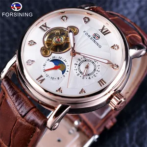 FORSINING GMT956 Royal Classic Rose Gold Case Brown Leather Strap Mens Automatic Watch Top Brand Luxury Erkek Saat Clock