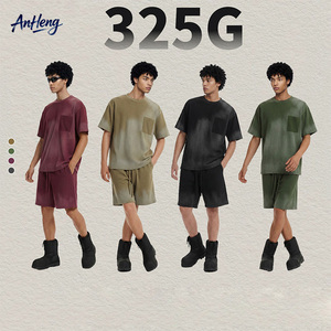 325G Vintage Washed Sports Short Sleeve T Shirt Men Heavyweight Cotton Blend Streetwear Tee With Shorts OEM Custom Set Bulk - Product Image 1