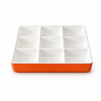 Plateau de service carré en mélamine personnalisé, 9 compartiments, orange et blanc brillant, pour apéritifs, vente en gros