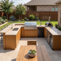 Armoires personnalisées Hyrley pour pergola, avec cuisine extérieure en acier inoxydable en forme de U couleur charbon, équipée d'un barbecue à gaz, d'un évier et d'un four