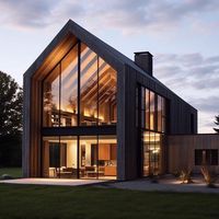 Maison préfabriquée de luxe à deux étages, design moderne, style grange, toit triangulaire en bois, maison préfabriquée en forme de A
