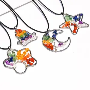 Natural Crystal 7 Chakra Pendant Pentagram Moon Tree of Life Colorful Crushed Stone Yoga Flower Shape Pendant for Necklace