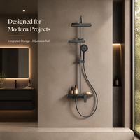 Colonne de douche murale en laiton noir mat avec étagère de rangement, jets pluie et cascade, robinetterie céramique, pour villa moderne