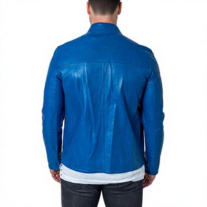 <b>LONG</b> MISSION INDUSTRY Men's Blue <b>Leather</b> <b>Jacket</b> Mandarin Collar Zipper Closure Casual Slim Fit Solid Color Regular Length Winter - Product Image 5
