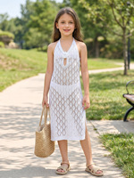 Groothandel meisjes zomer strand midi jurk geweven uitgeholde halter tie bikini cover-up kinder vakantiejurk met bloemen