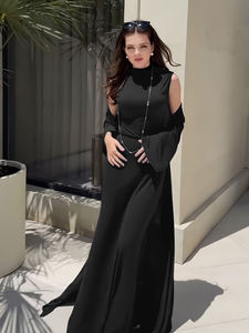 <b>Black</b> Modest Slim Fit 3-Piece Co-ord Set High Neck Top with Maxi <b>Skirt</b> Longline Kimono High Elasticity Modern Islamic Loungewear - Product Image 4