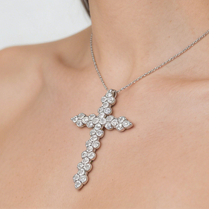 CUSTOM SILVER 10K/14K/18K GOLD PLATED LAB GROWN CVD DIAMOND CLASSIC ENGAGEMENT GIFT SWEATER <b>CHAIN</b> NECKLACE <b>CROSS</b> PENDANT - Product Image 4