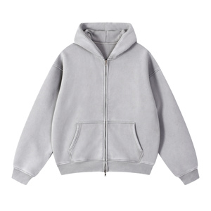 Sweat à capuche zippé en molleton épais 355 GSM, coupe droite, brodé, délavé, pour homme, épaules tombantes, streetwear premium, XL - Product Image 6