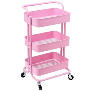 One 3 tier rolling metal cart pink metal utility mesh cart with lock pink rolling cart with handle for office kitchen bar