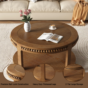 Round Solid Wood Coffee <b>Table</b> 31.5 Inch Two Tier Thickened Top Sturdy Legs Living Room Sofa <b>Table</b> - Product Image 5