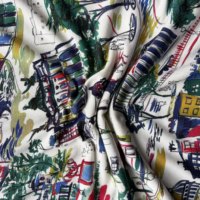 Tissu en tricot extensible en coton écologique à motif urbain imprimé numériquement et dessiné à la main, conception personnalisée, MOQ 1m