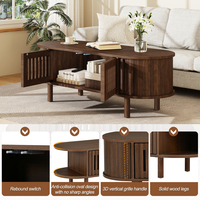 Table basse ovale avec rangement, 2 portes à lattes, porte à enroulement, table en MDF avec pieds en bois massif pour salon
