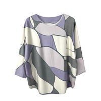 Pull tricoté ample et oversize pour femme, col rond, manches chauve-souris, imprimé géométrique Morandi par transfert thermique, 305g, marque privée