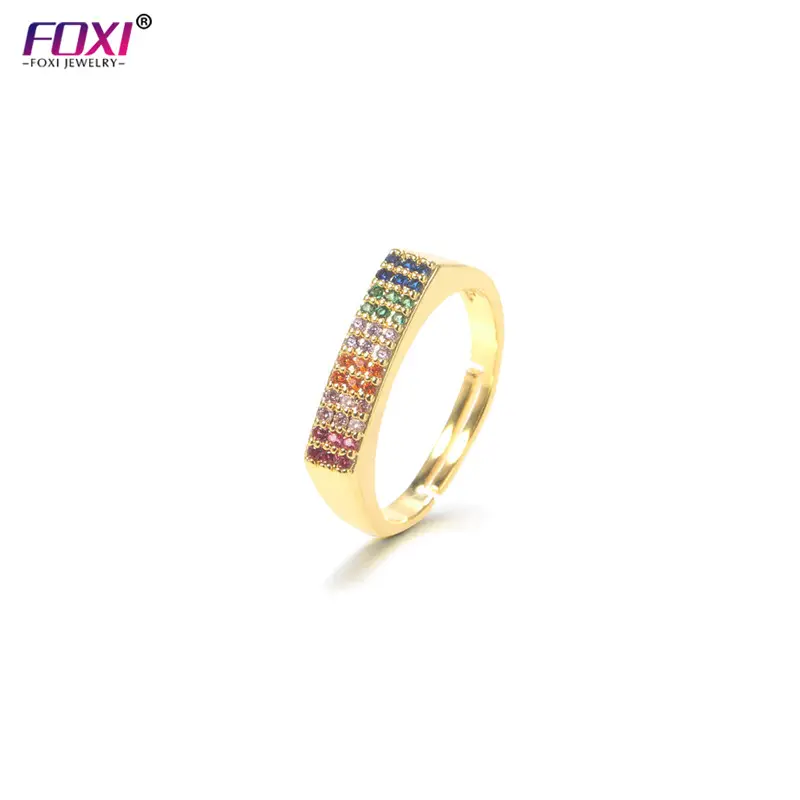 Foxi pave de joias de arco-íris, pacote com pedras preciosas pequenas de ouro 18k, anéis ajustáveis banhados a ouro 18k