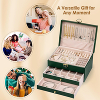 Organisateur de Boîte à Bijoux Grand En Gros à 3 Niveaux avec Serrure et 2 Tiroirs pour Femmes, Étui de Rangement à Bijoux de Luxe en Cuir PU Matelassé