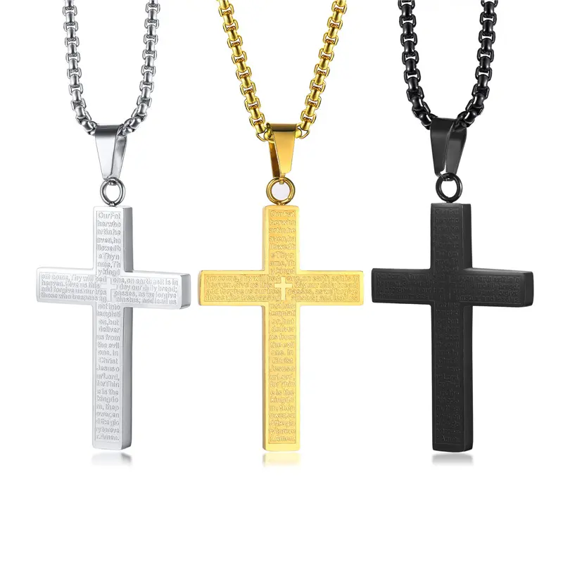 Atacado personalizado 18k ouro preto banhado em aço inoxidável cristão, jóias, bíblia, versão, reza, grande cruz, pingente, colar para homens
