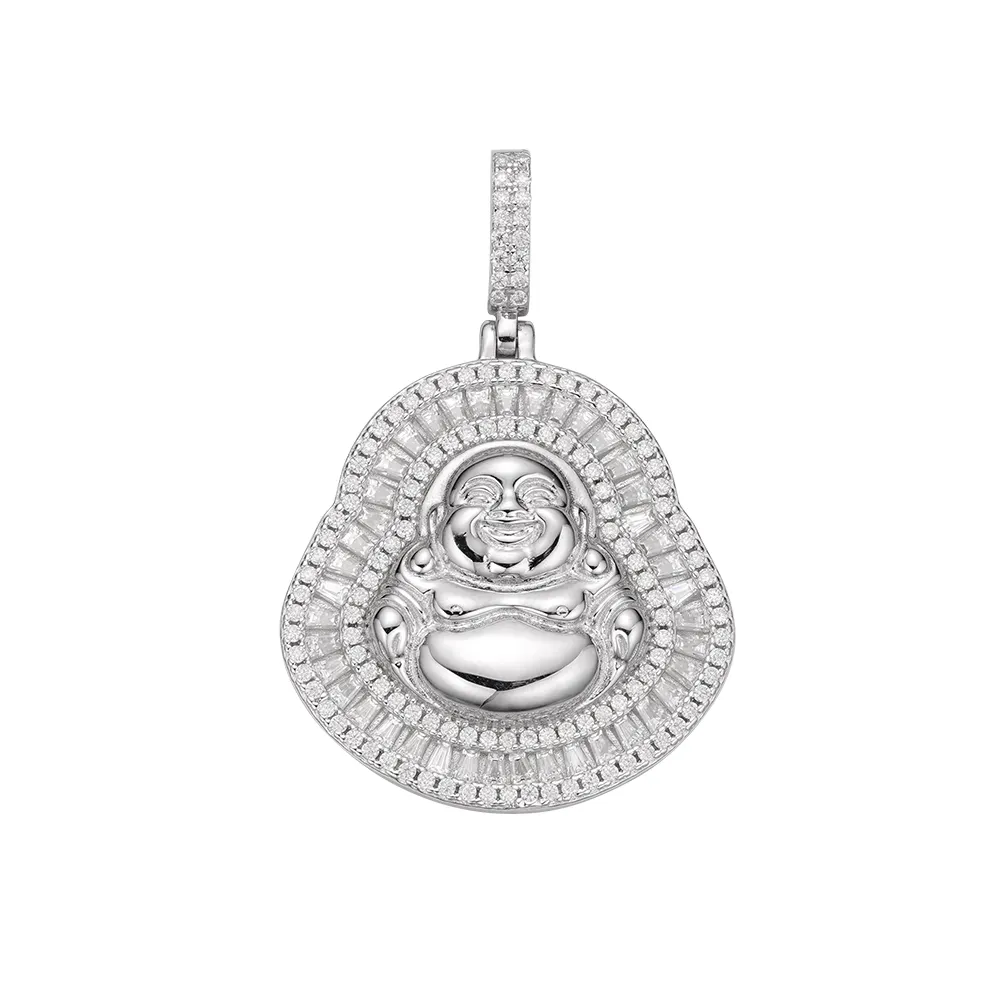 Pendentif bouddha porte-bonheur en argent sterling véritable avec baguette et moissanite