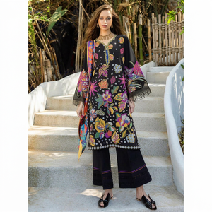 Women's Black Embroidered Floral Kurta With Wide Sleeves And <b>Fringes</b> Loose Fit Traditional Indian Pakistani Style Cotton <b>Top</b> - Product Image 1