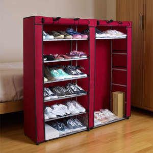 Meuble à chaussures double rangée avec housse portable, rouge bordeaux, organisateur de placard pour rangement de chaussures et boîtes à chaussures, cinq niveaux au-dessus - Product Image 2