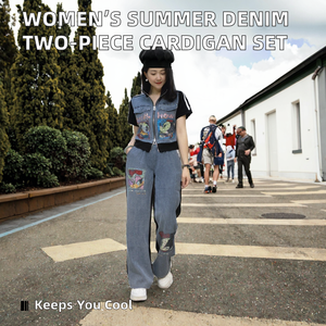 Ensemble deux pièces chemise/chemisier à fermeture éclair courte pour femme, tenue de sport d'été, pantalon à manches courtes, patchwork, costume décontracté en jean - Product Image 2