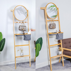 Étagère murale en bambou avec miroir rond, organiseur d'entrée tout-en-un avec paniers en tissu suspendus et <span class=keywords><strong>porte</strong></span>-<span class=keywords><strong>manteau</strong></span> pour salle de bain - Product Image 3